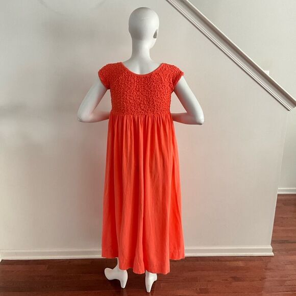 Free People All Eyes On You Smocked Midi Vibrant Orange Dress L - Picture 4 of 10